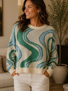 Le Lis Women's Cream & Green Wave Knit Sweater retro size small